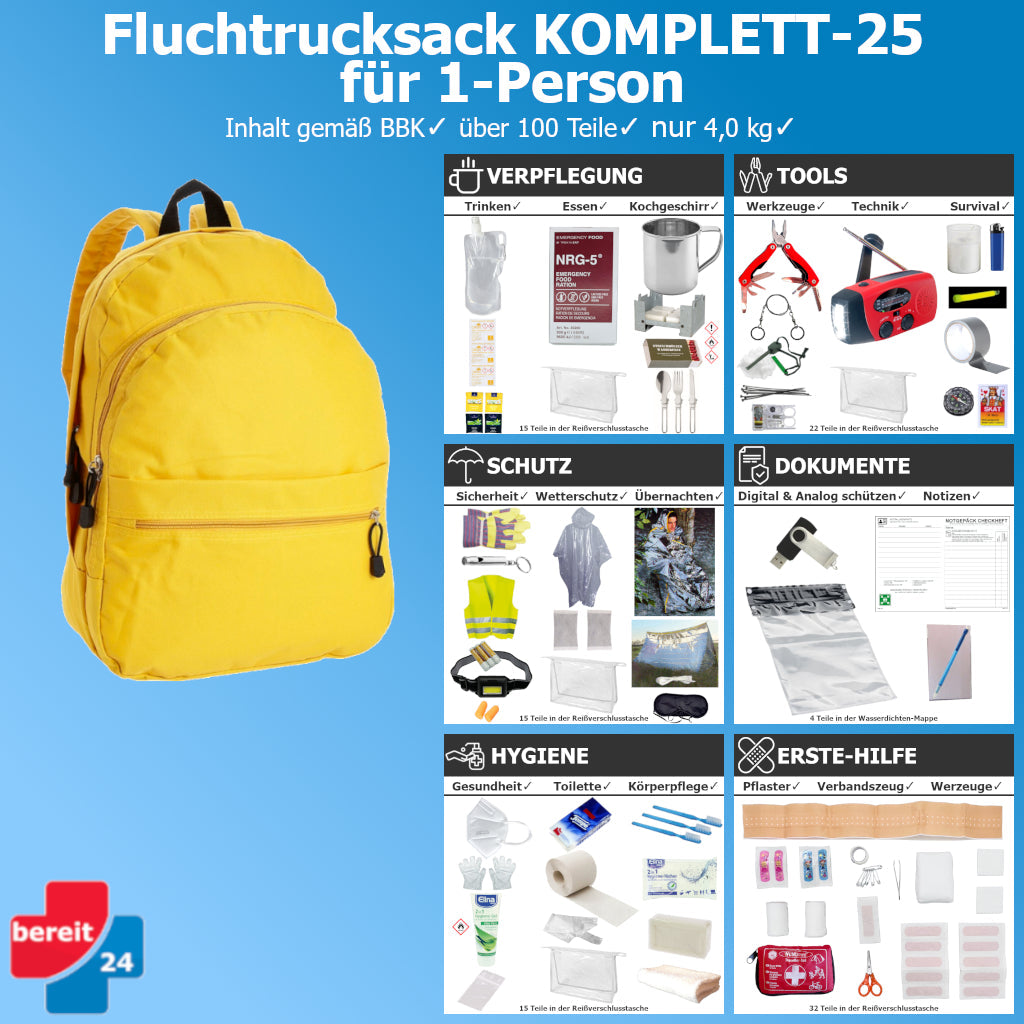 Fluchtrucksack KOMPLETT-25 (Notfallrucksack für 1 Person)