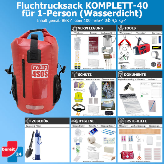 Fluchtrucksack KOMPLETT-40 (Wasserdichter Notfallrucksack)
