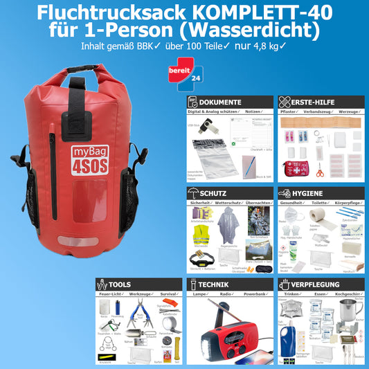 Fluchtrucksack KOMPLETT-40 wasserdichter Notfallrucksack für 1-Person