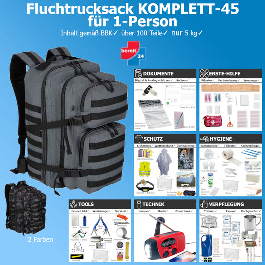 Fluchtrucksack KOMPLETT-45 ein Notfallrucksack für 1-Person