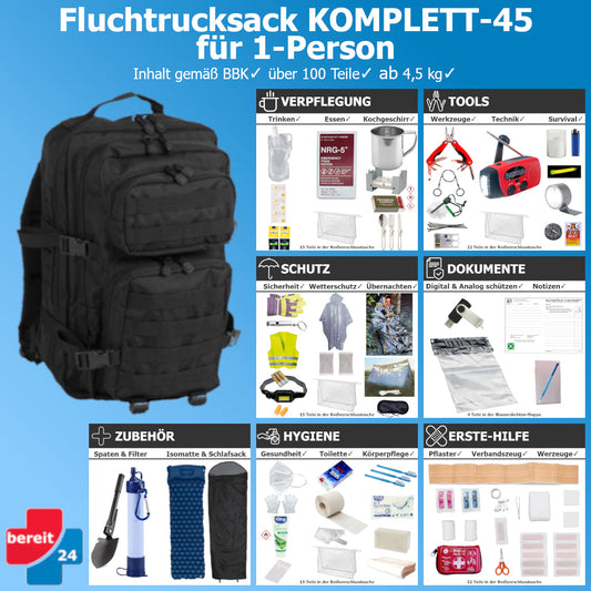 Fluchtrucksack KOMPLETT-45 (Notfallrucksack für 1 Person)