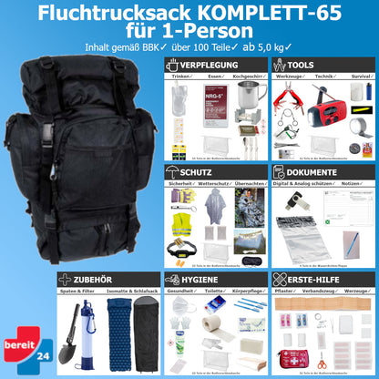 Fluchtrucksack KOMPLETT-65 (Notfallrucksack für 1 Person)